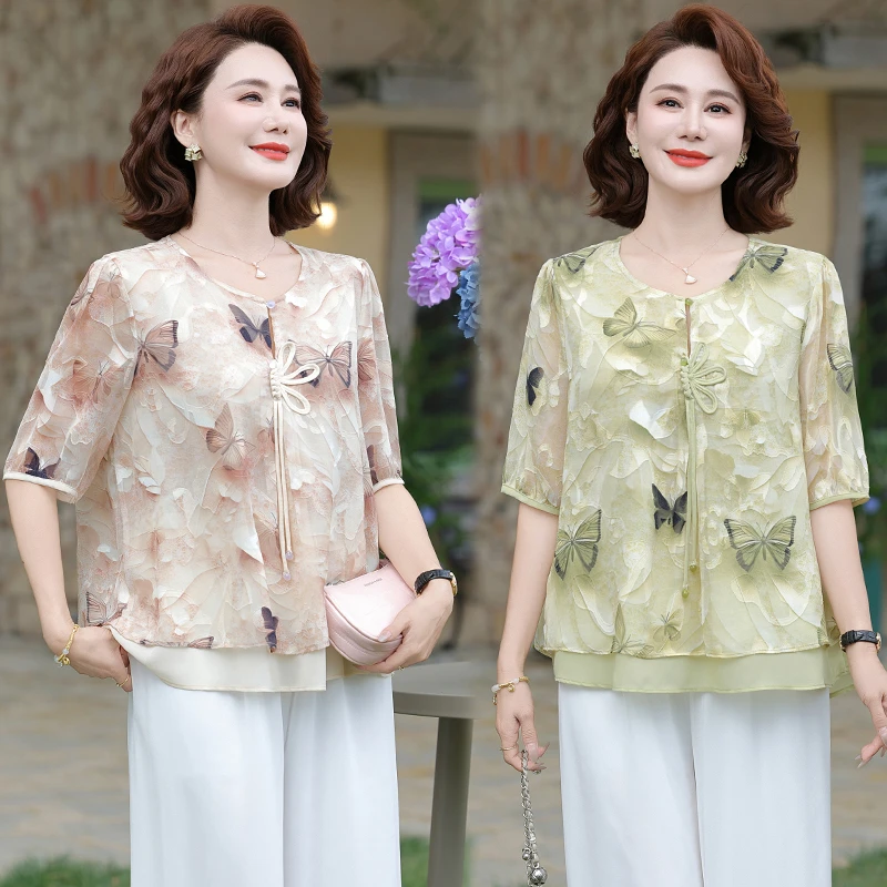 妈妈夏装国风气质短袖小衫2025新款中老年女时尚大码上衣洋气T恤
