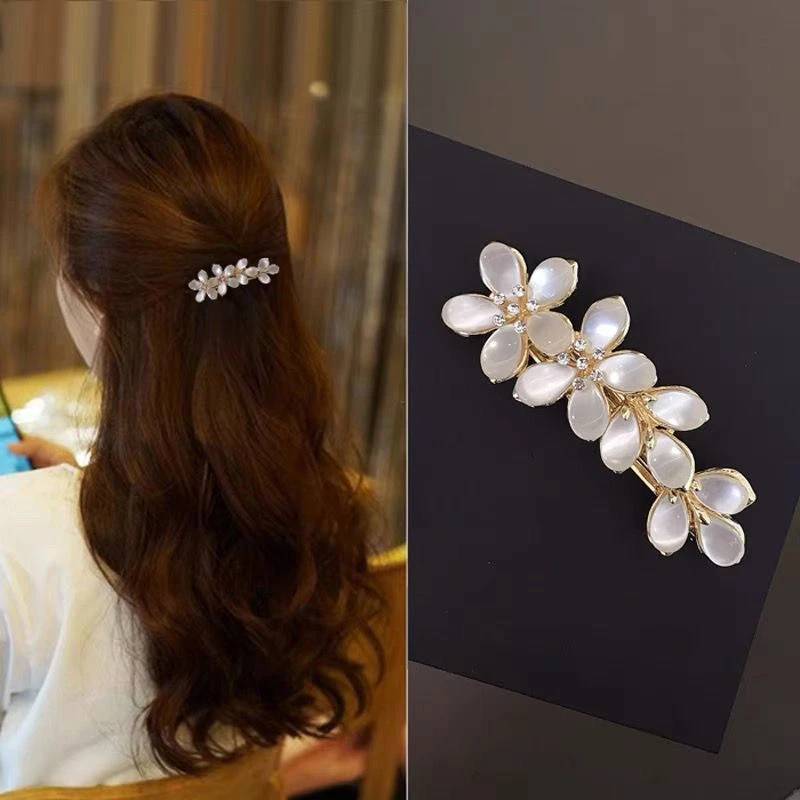 韩国弹簧气质花朵猫眼发夹夹子一字头饰后脑勺猫眼石优雅发饰发卡