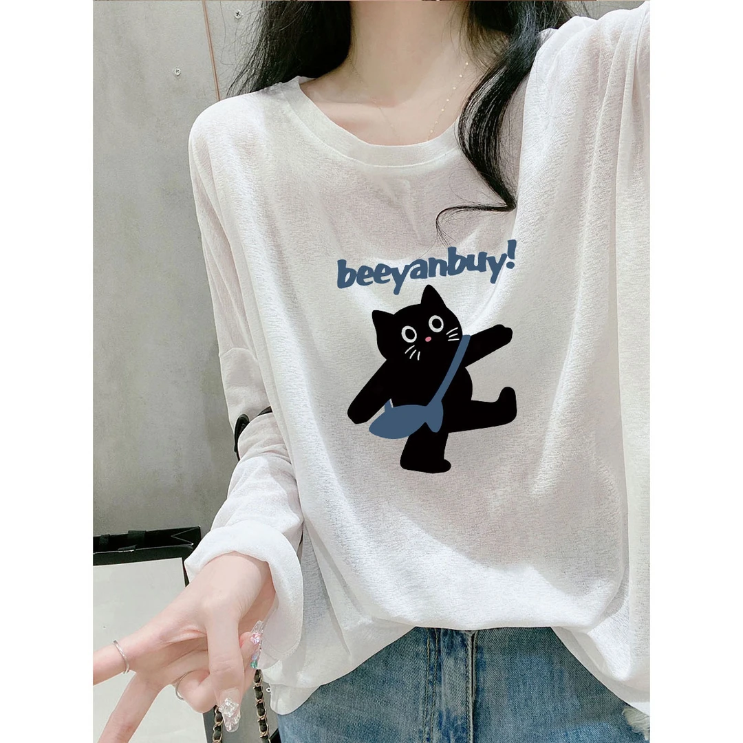 夏季新款正肩长袖T恤女宽松休闲微透时尚罩衫白色百搭防晒薄上衣