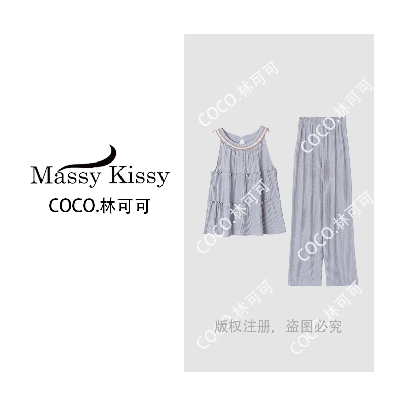 【COCO林可可】夏时尚挂脖式重工手工圆领长裤减龄两件套装3962