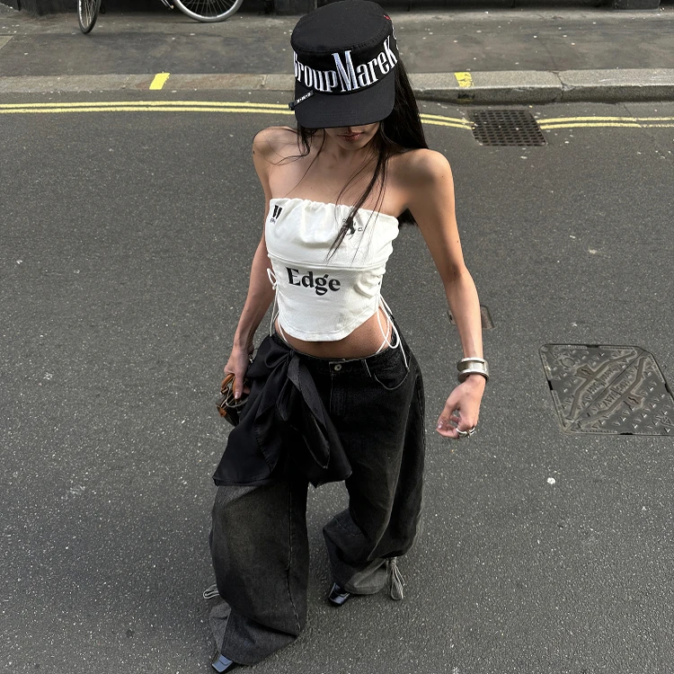 韩好甜WARDEN EDGE丹宁浪潮 黑色低腰牛仔裤女宽松垂感阔腿拖地裤