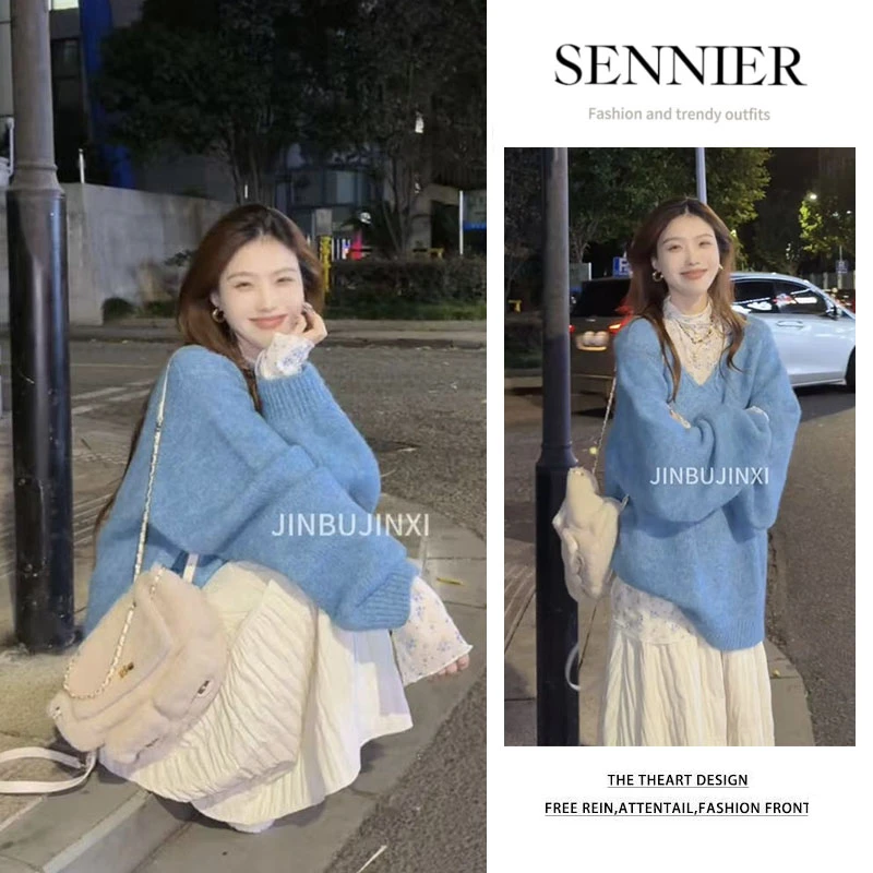 秋冬穿搭女2025新款宽松长袖针织衫半高领打底显瘦半身裙三件套装