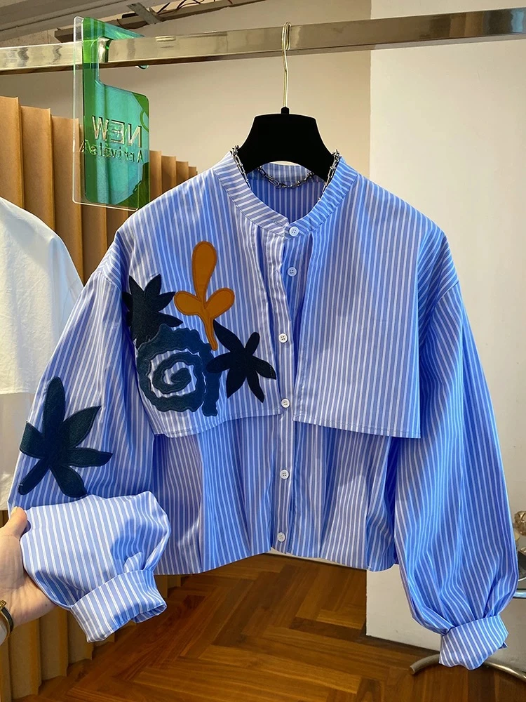 2007 春装INS风刺绣设计感蓝色条纹百搭宽松时尚休闲衬衫