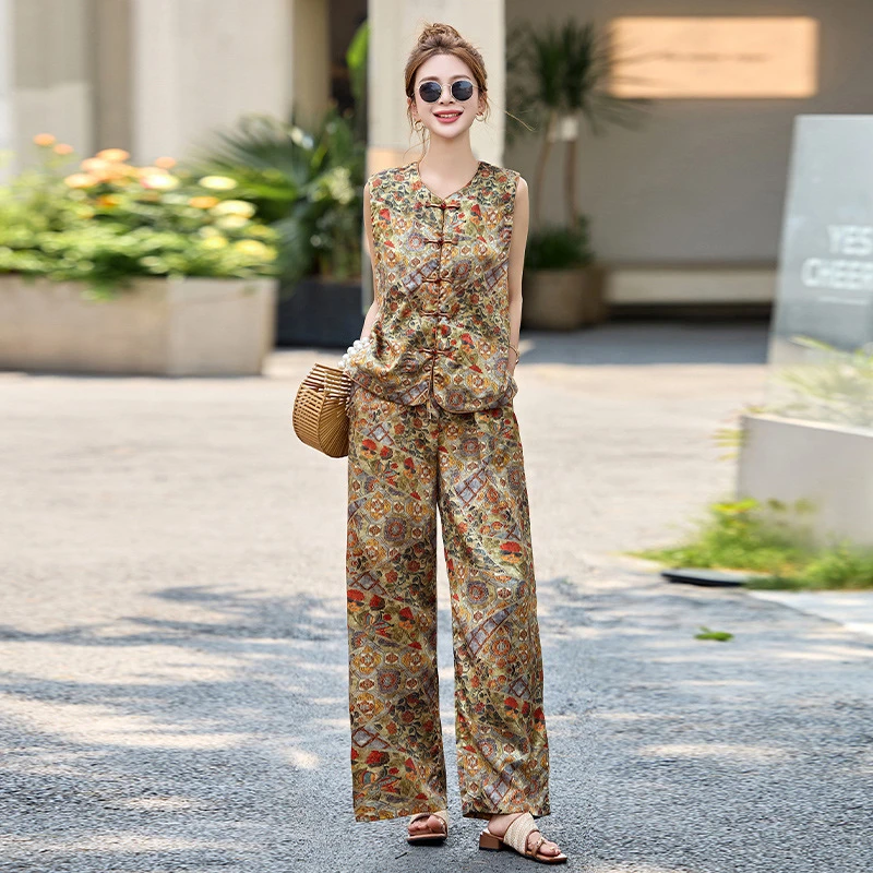 时尚套装夏季新款新中式盘扣缎面印花马甲直筒裤两件套