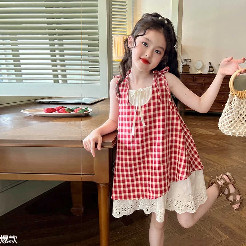 栀了成长记童装女童红色格子纯棉连衣裙夏季新款儿童女宝宝背心裙