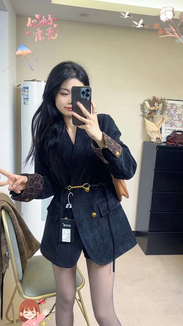 24036拼接豹纹西装外套雪尼尔2025早春新款轻奢韩版宽松百搭西服