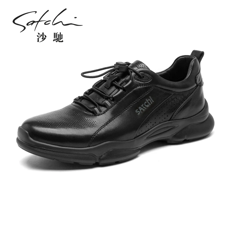 沙驰男鞋秋季上班新款免系带休闲皮鞋男士百搭透气柔软鞋牛皮轻便