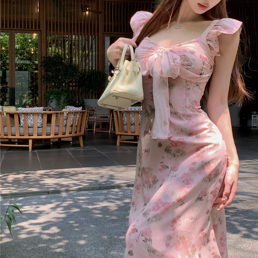 蝴蝶结碎花v领小飞袖连衣裙女夏季粉色温柔长裙显瘦收腰a字裙子