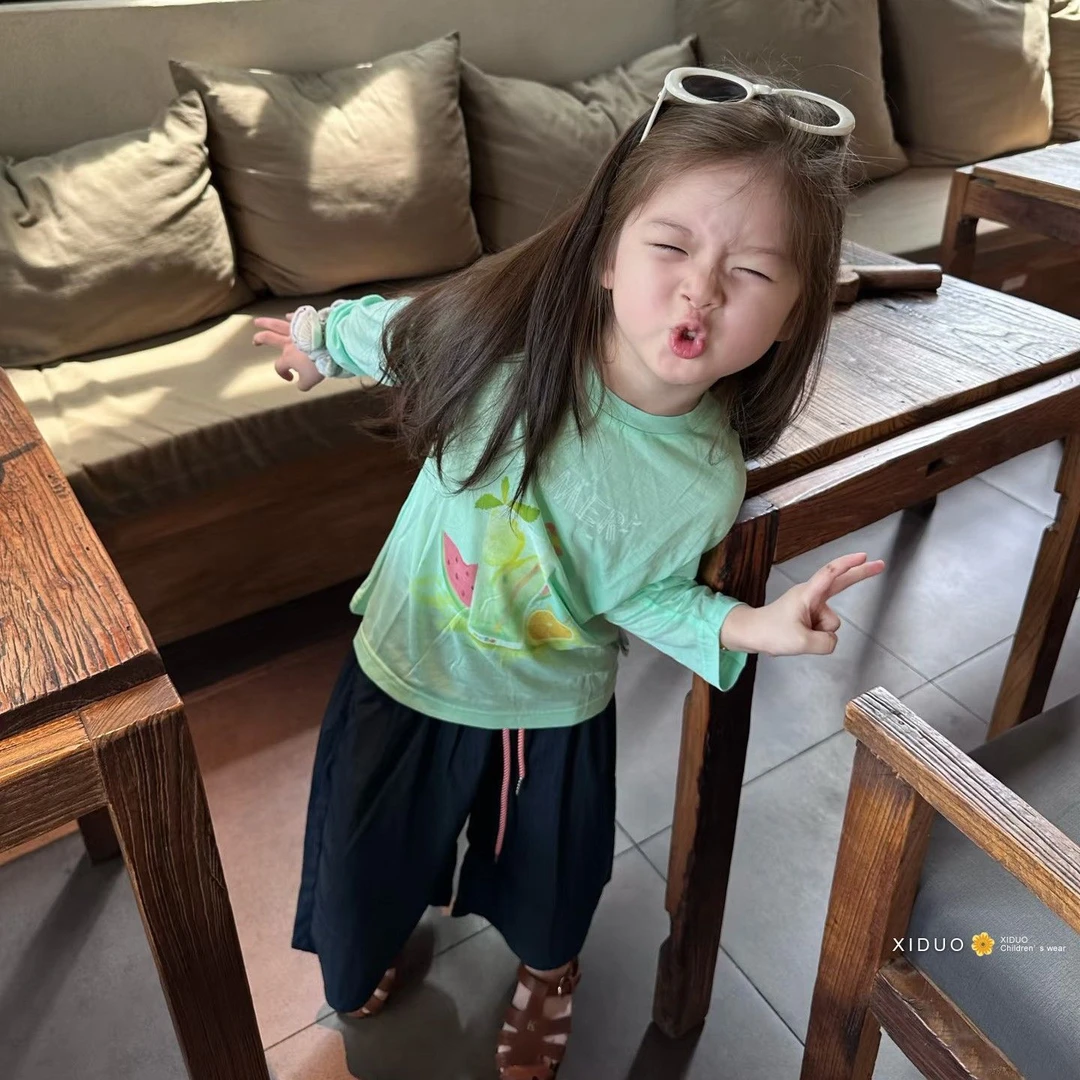 韩系女童轻薄多巴胺上衣新款小女孩洋气小众舒适绿色百搭长袖罩衫