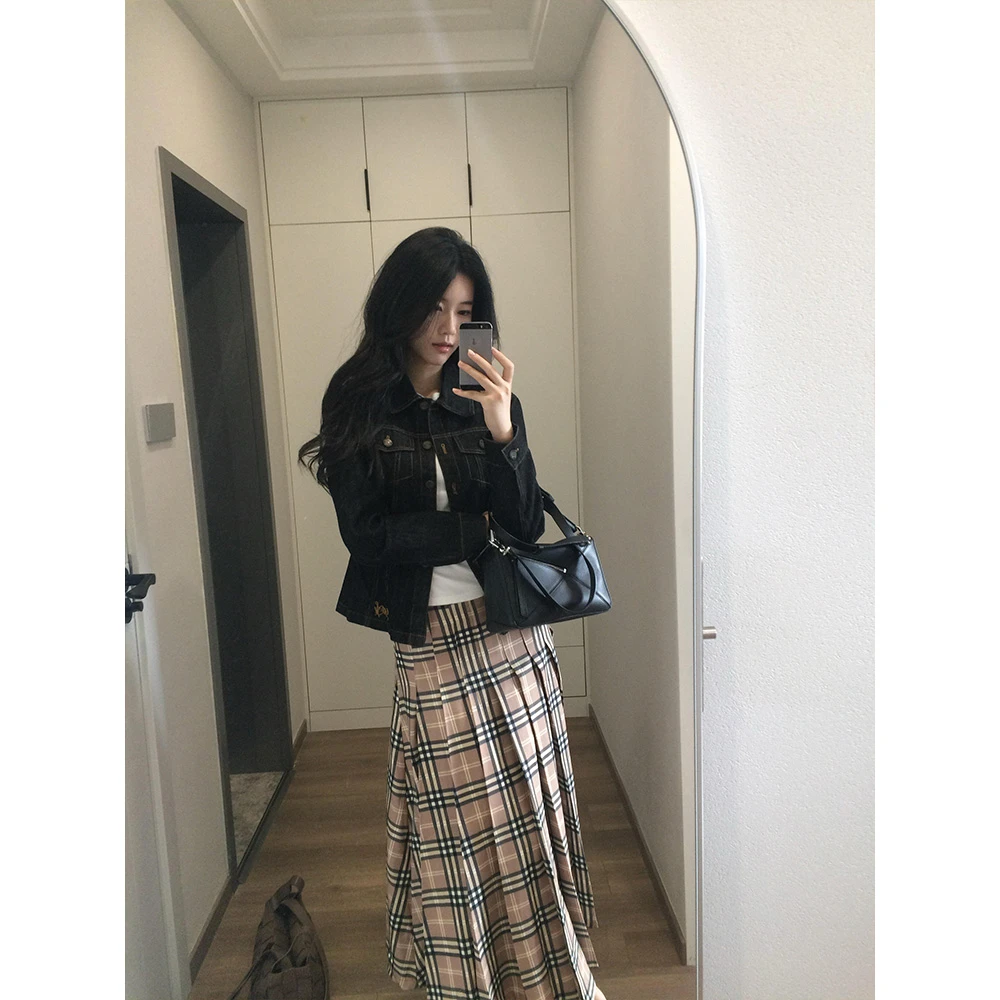 美式复古水洗牛仔外套女夹克秋季2025百搭休闲宽松格子半身裙套装