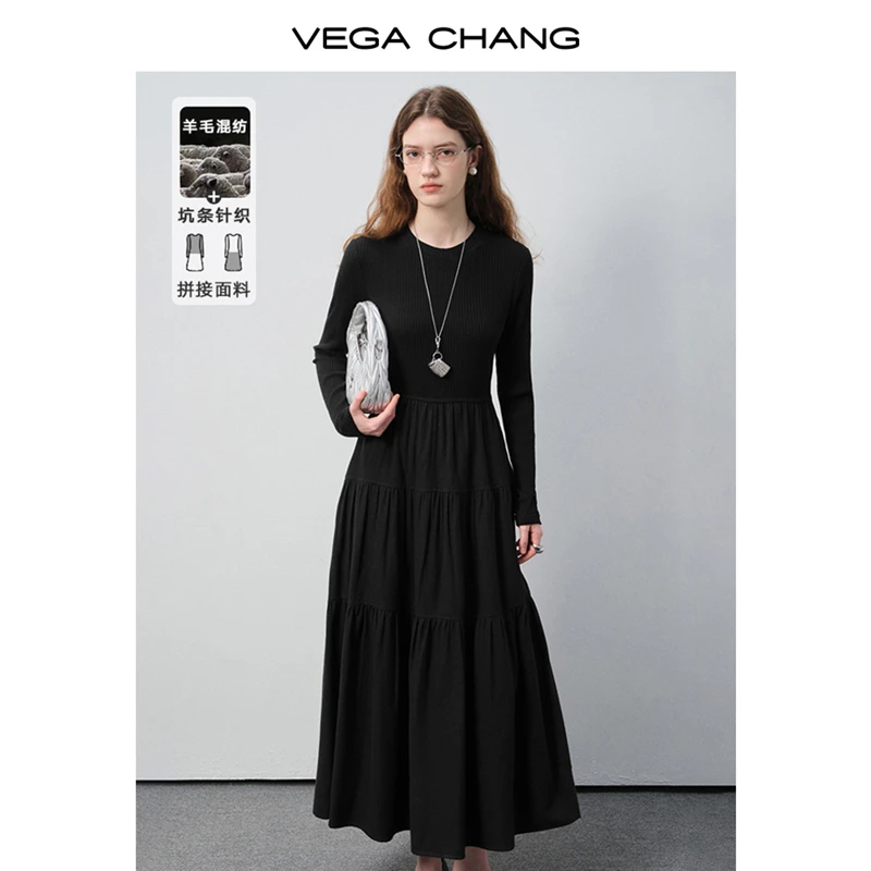 VEGACHANG【裙野逸趣】羊毛混纺连衣裙2025新款秋季裙摆长裙0071LW