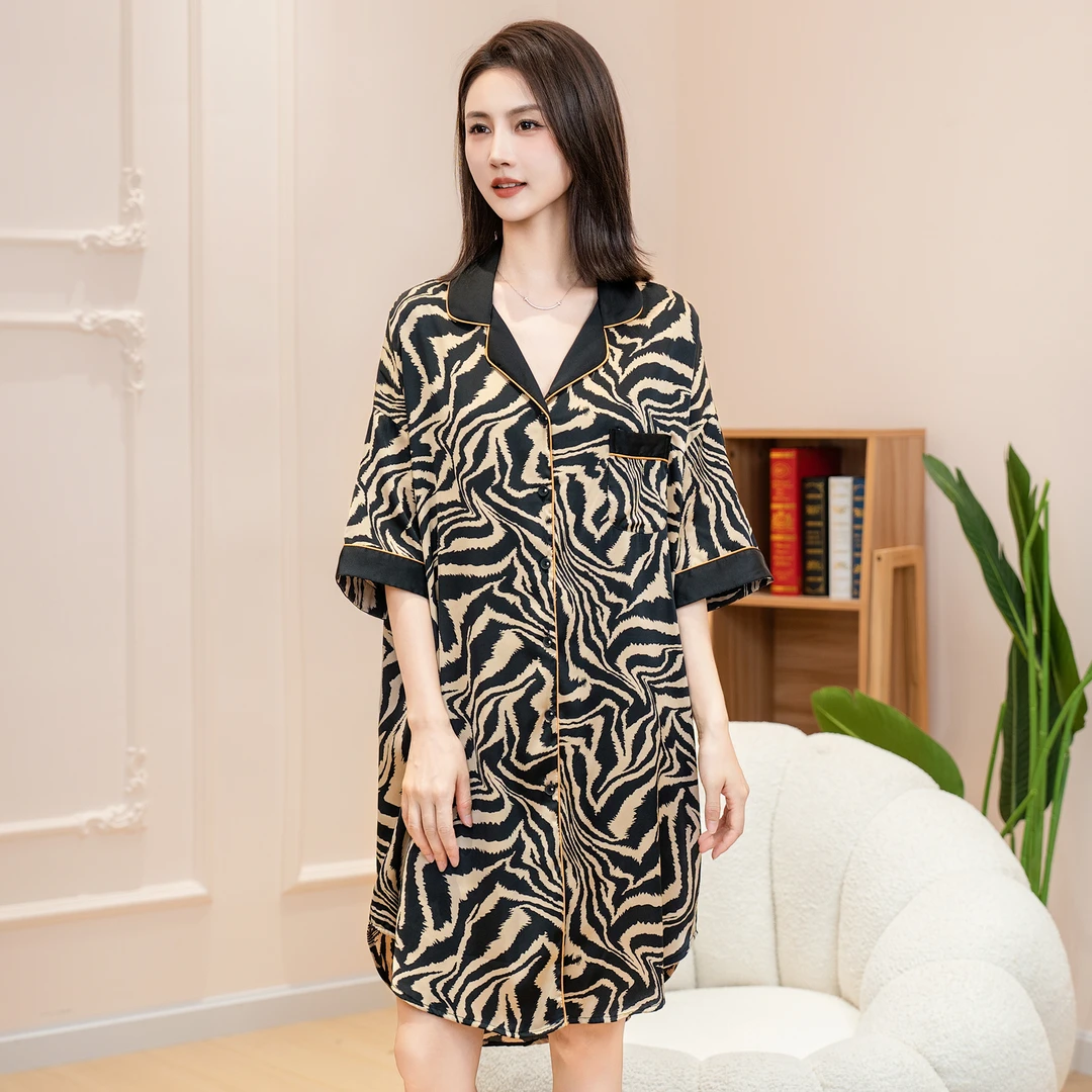 DAVINCIART褐斑马纹衬衫裙家居睡裙夏季睡衣女款爆款2025新款冰丝