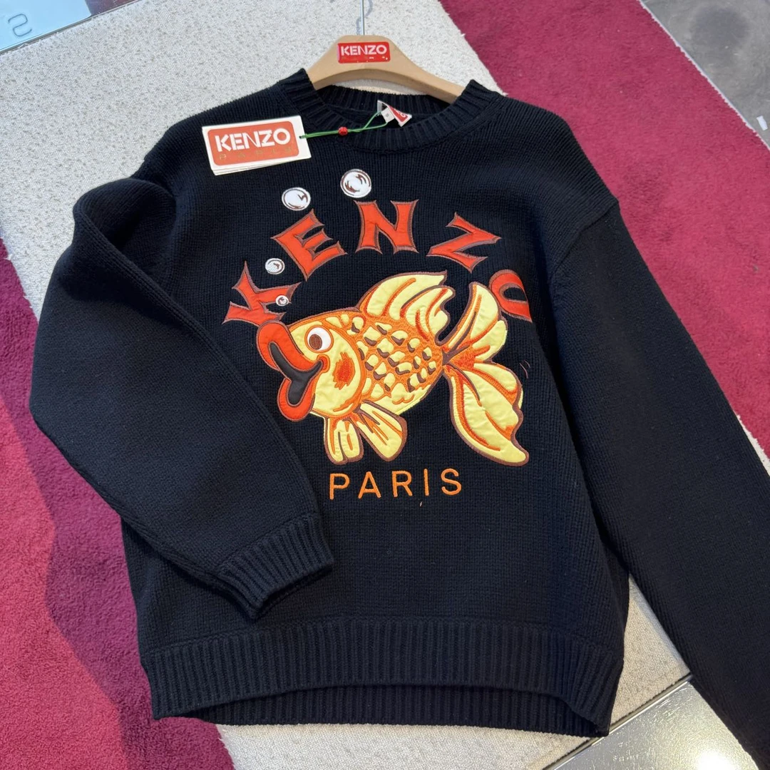 全新未使用 KENZO/肯佐 男士金鱼刺绣羊毛针织毛衣