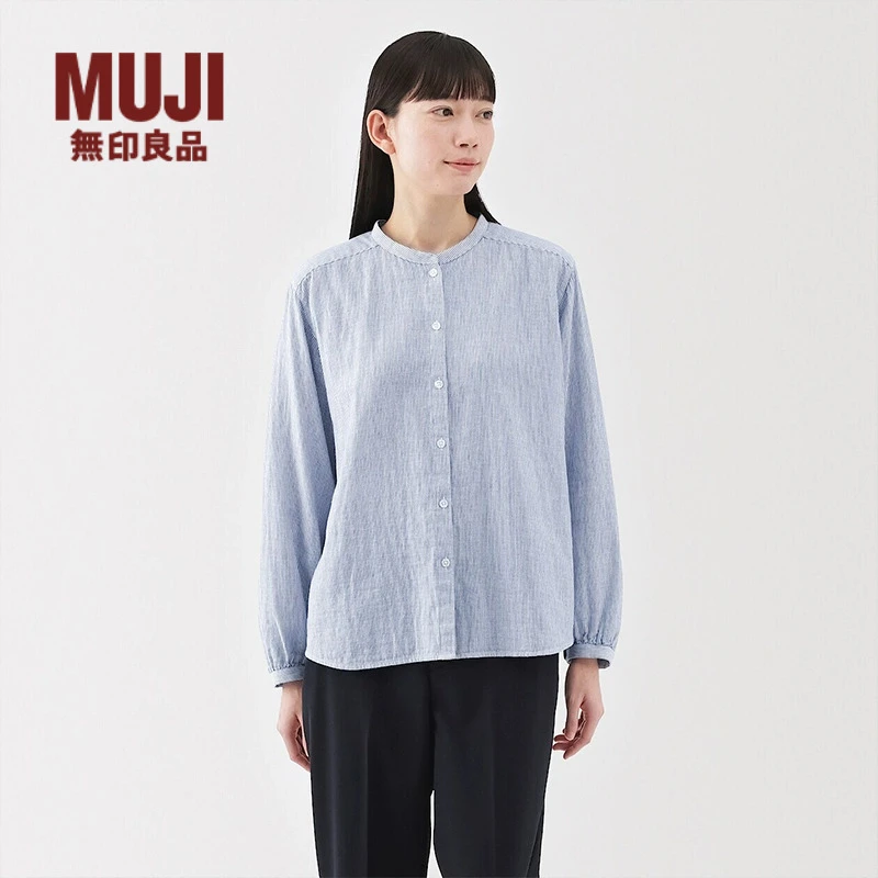 无印良品 MUJI 女式 木棉混双层纱织长袖罩衫 衬衫春款欧若假日风