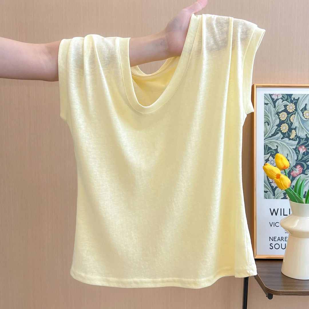 韩系U领正肩飞飞袖T恤女夏季新款网红洋气炸街宽松显瘦ins小上衣