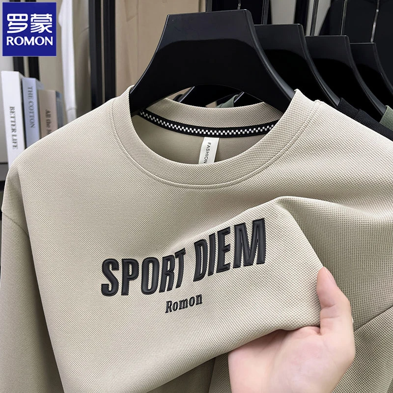 Romon/罗蒙常规秋季落肩袖卫衣长袖圆领男字母印花套头休闲打底衫