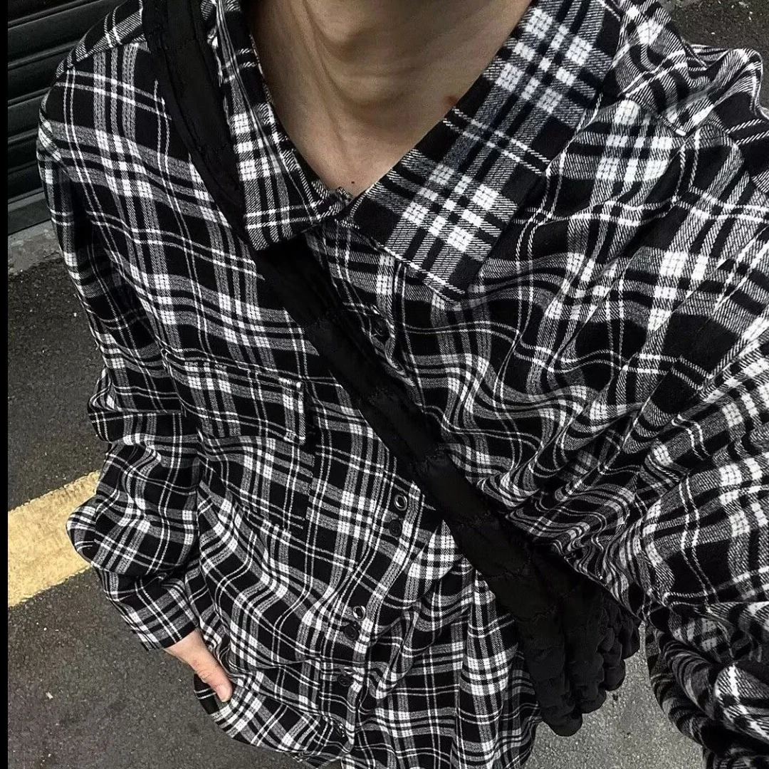 春秋大码翻领格子青少年衬衫外套男秋季百搭长袖衬衣宽松休闲上衣