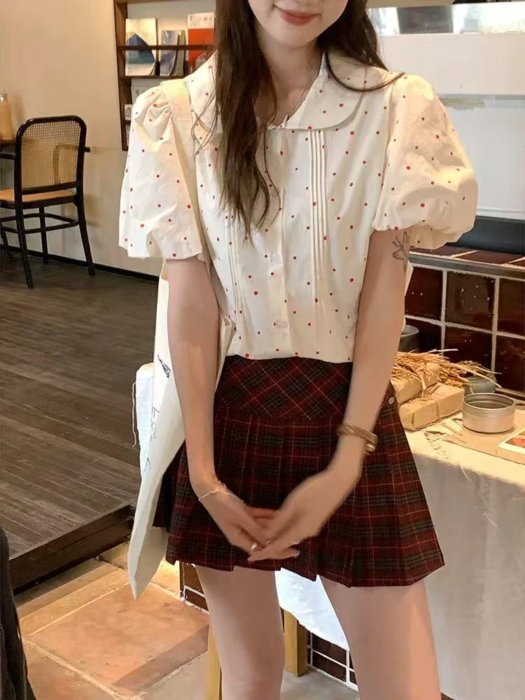 娃娃领波点短袖衬衫2025夏季新款甜美减龄宽松泡泡袖上衣8062