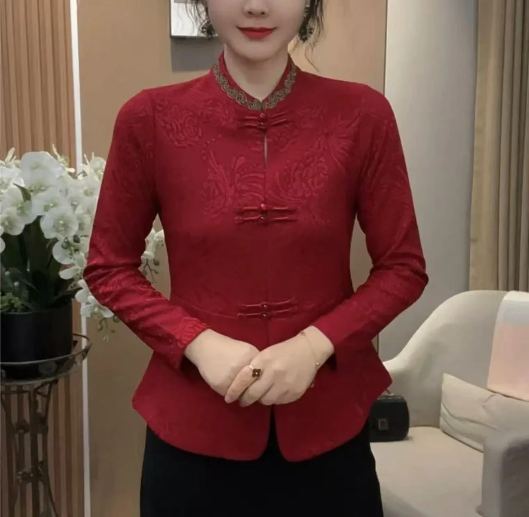 开衫款加绒-2024新款时尚显瘦气质长袖立领提花刺绣国风百搭上衣