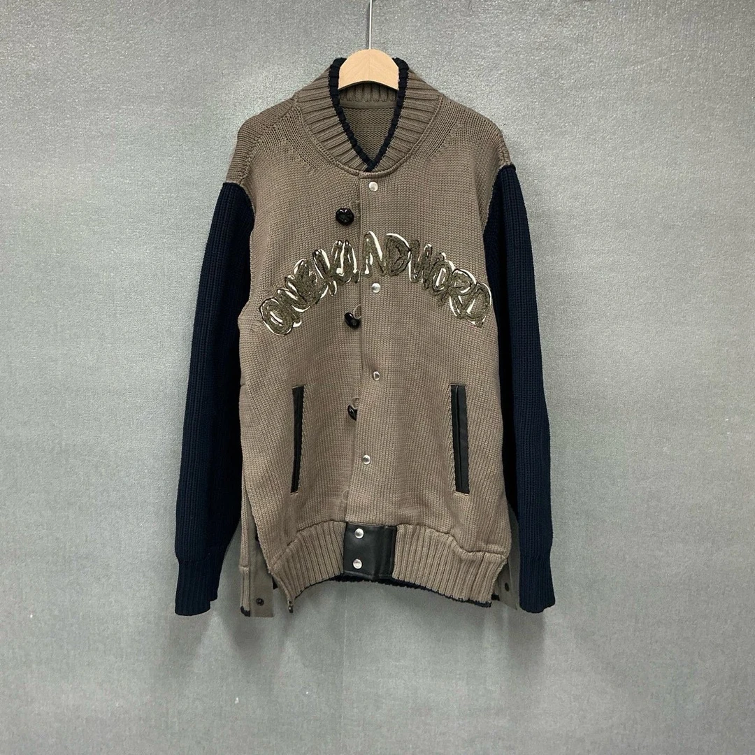 99新 maje sacai 拼色拼皮棒球毛衣外套 99新4码/0416