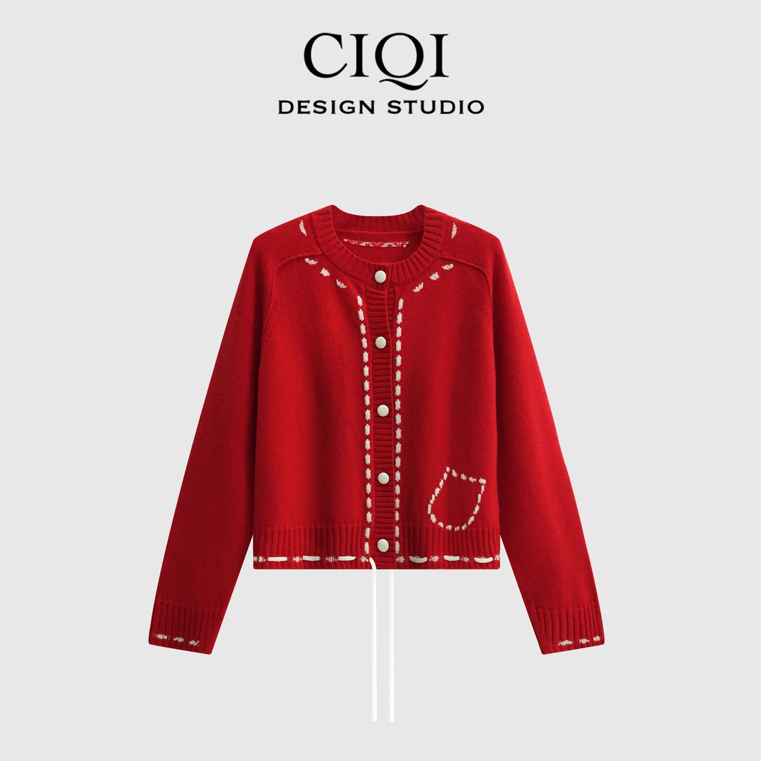 CIQI STUDIO 【新年系列】圆领撞色虚线提花宽松百搭针织毛衣DY1030