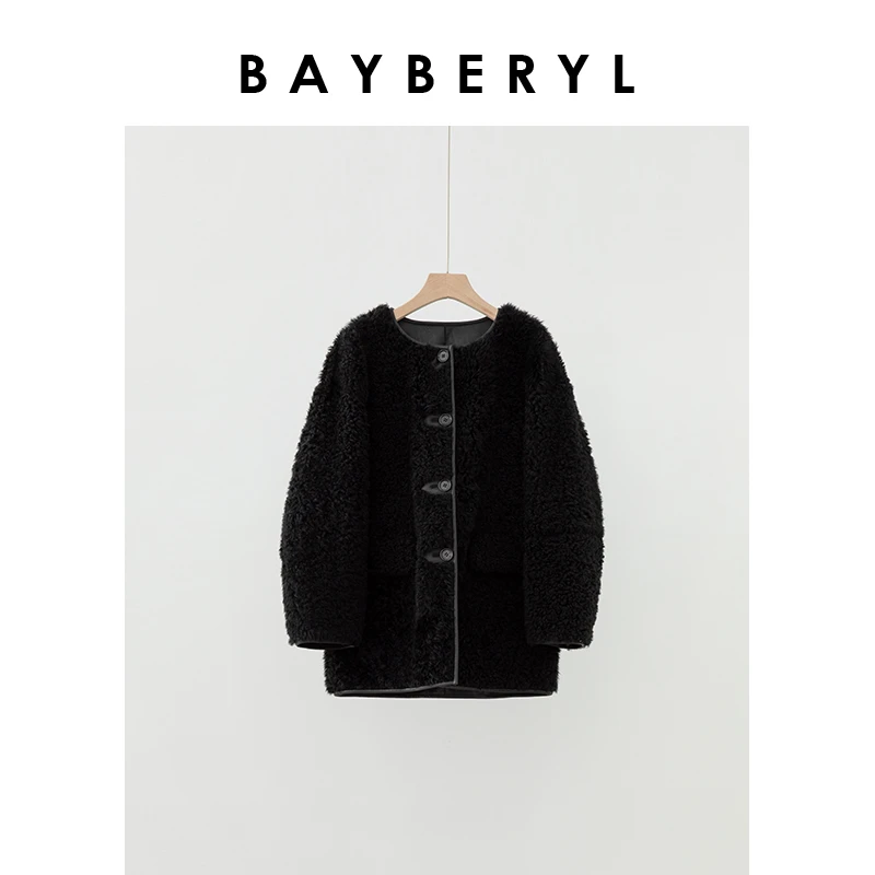 Z6-BAYBERYL老贝哥谭市*拉贡黑色圆领单排扣中长皮衣PY4L1023
