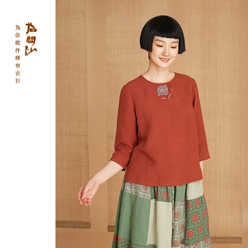 2531038指间沙原创女装 秋季新款圆领刺绣短上衣亚麻H型文艺T恤