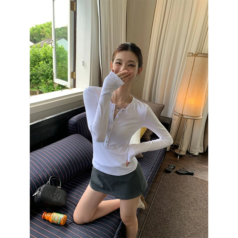 韩系辣妹纯欲设计感小众洋气修身显瘦白色长袖上衣高腰a字半身裙