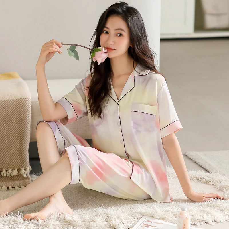 睡衣女夏季冰丝短袖七分裤设计感可外穿减龄开衫可外穿家居服套装