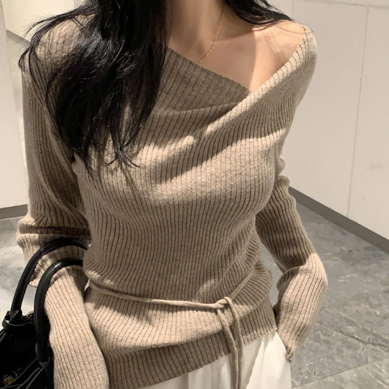 ~设计感三角剪裁露肩褶皱绑带长袖针织衫毛衣上衣