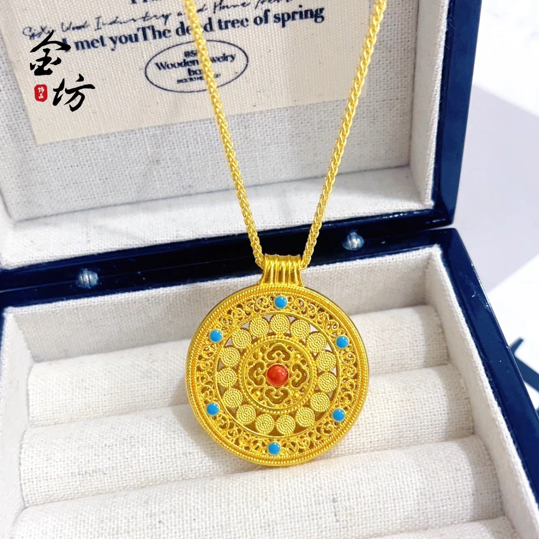 铜合金吊坠 韦雪同款金珐琅彩花丝吉祥八宝罗盘吊坠新中式国潮风