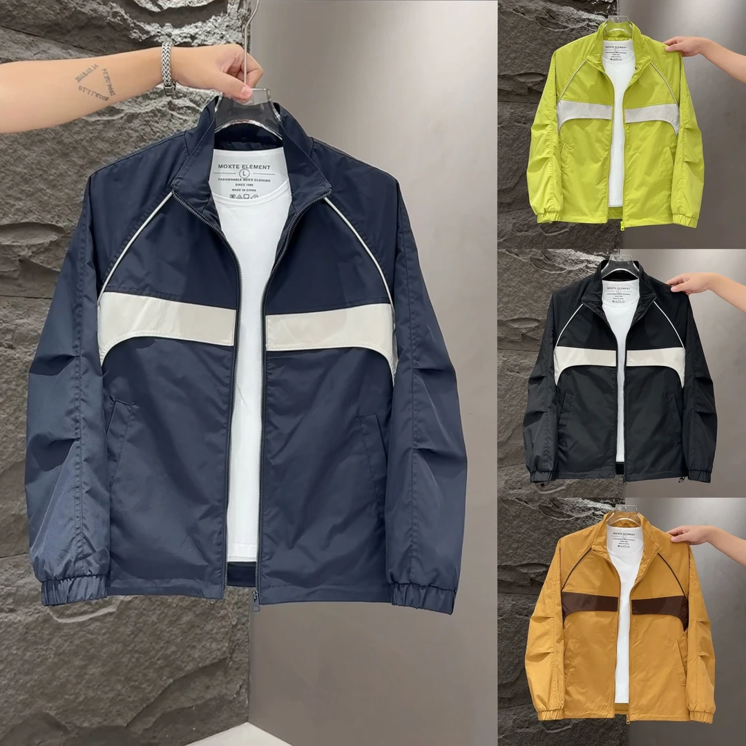 早秋新款简约时尚拼色百搭男士休闲外套宽松拼接撞色立领夹克外套