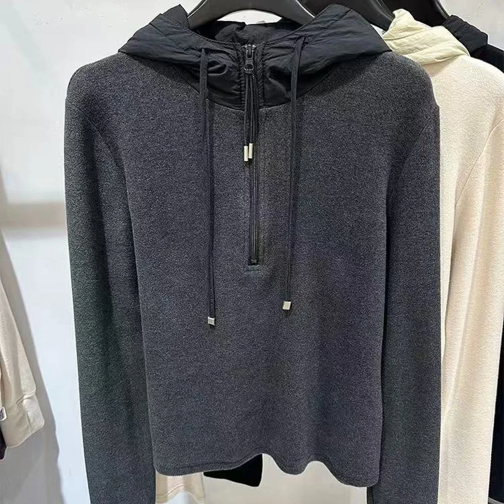 2025新款拼接半拉链德绒连帽卫衣女秋冬设计感打底衫短款上衣帽衫