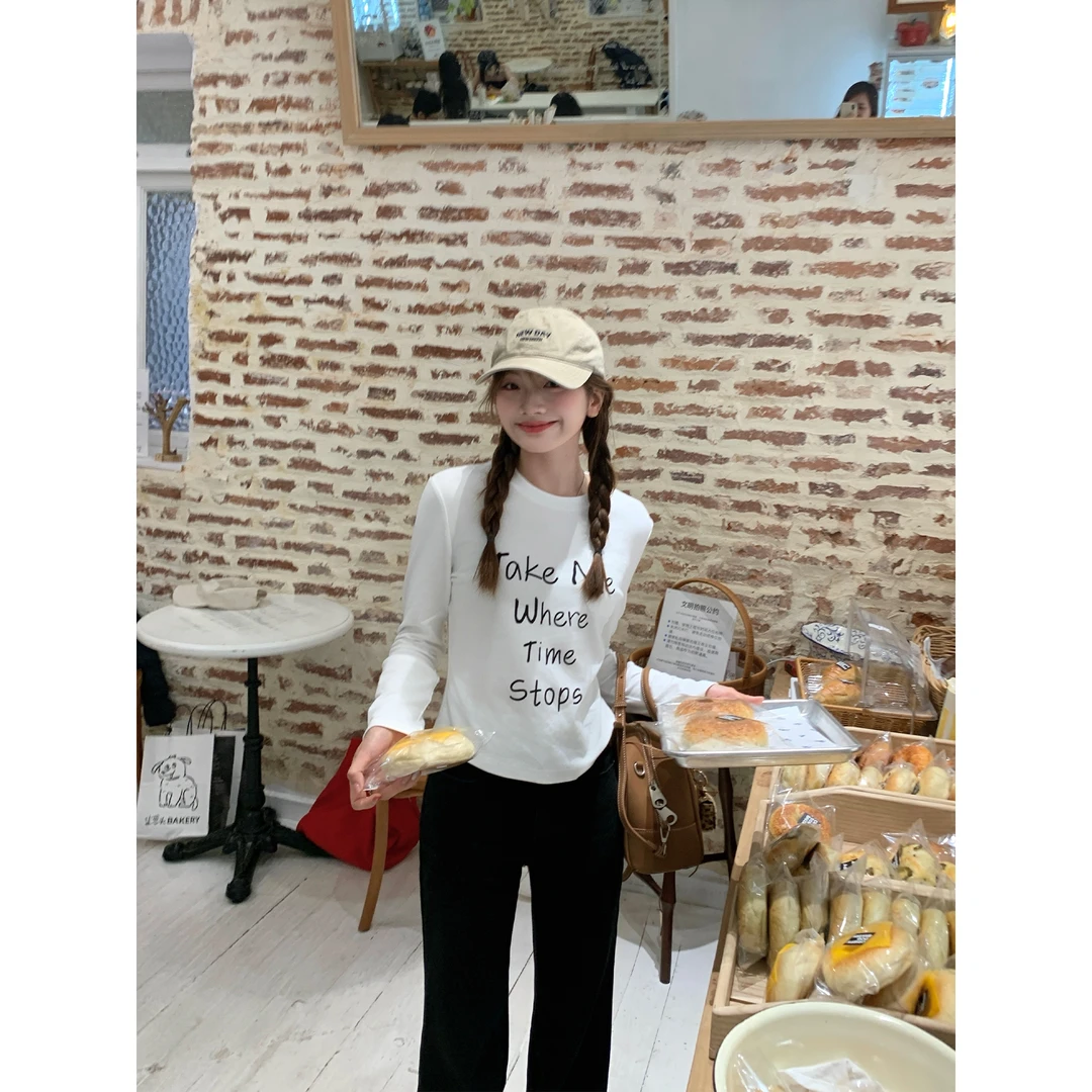 切糕自制【趣味字母】小个子秋冬女设计感印花长袖T恤打底