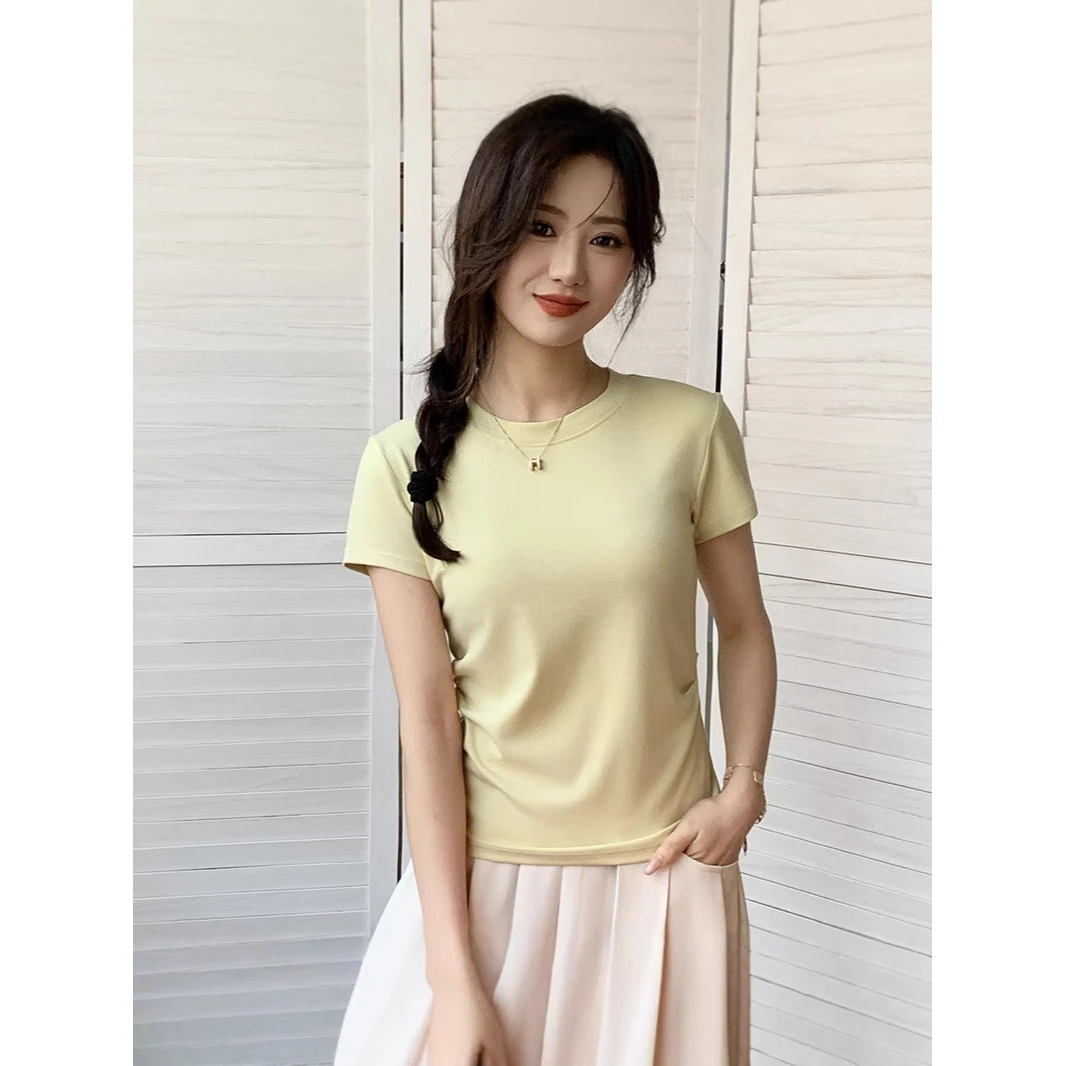 纯色正肩收腰圆领短袖小个子T恤女修身显瘦设计感小众上衣-A077