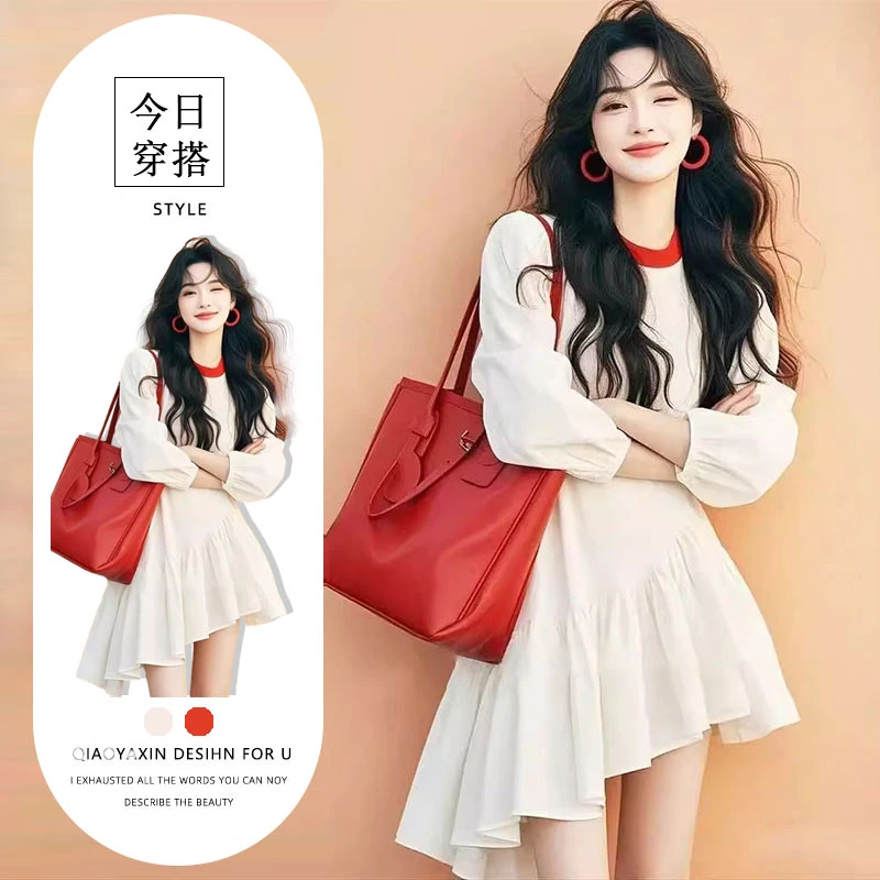 白色拼接不规则下摆连衣裙女2025春季新款富家千金高级感显瘦裙子