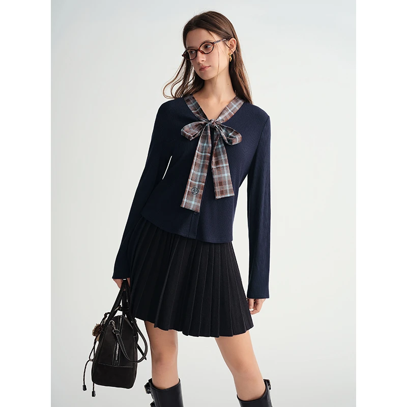 独束大码女装【格纹甜心】假两件格纹飘带领针织开衫25DS84165