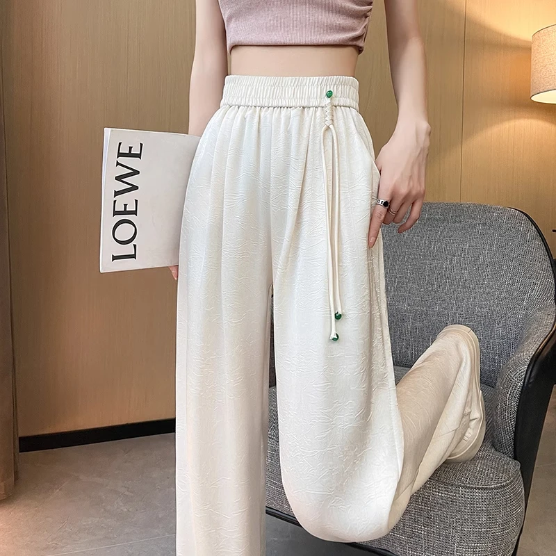 新中式醋酸缎面提花阔腿裤女2025新款垂感夏季冰丝国风休闲直筒裤