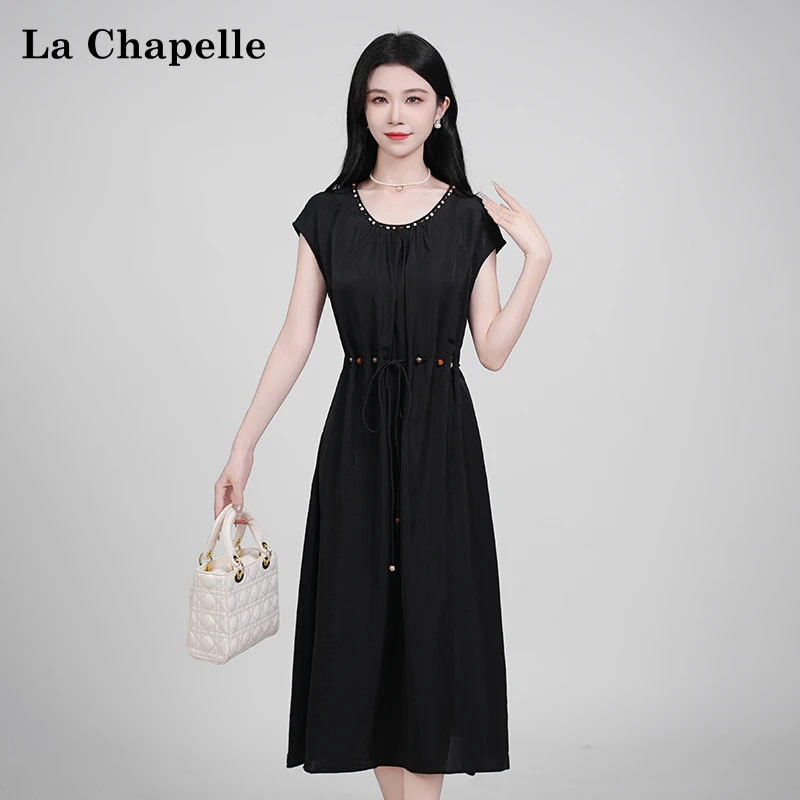 【拉夏贝尔】夏季法式设计感显瘦松紧腰短袖连衣裙