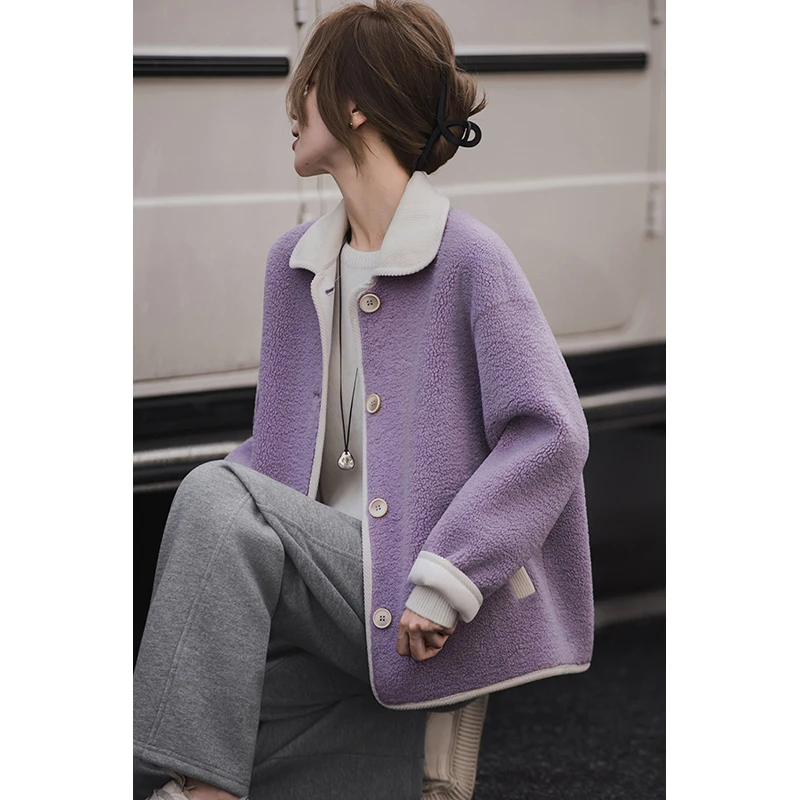 小谷粒小葡萄外套皮毛一体+火焰复合工艺 耐穿厚实 撞色