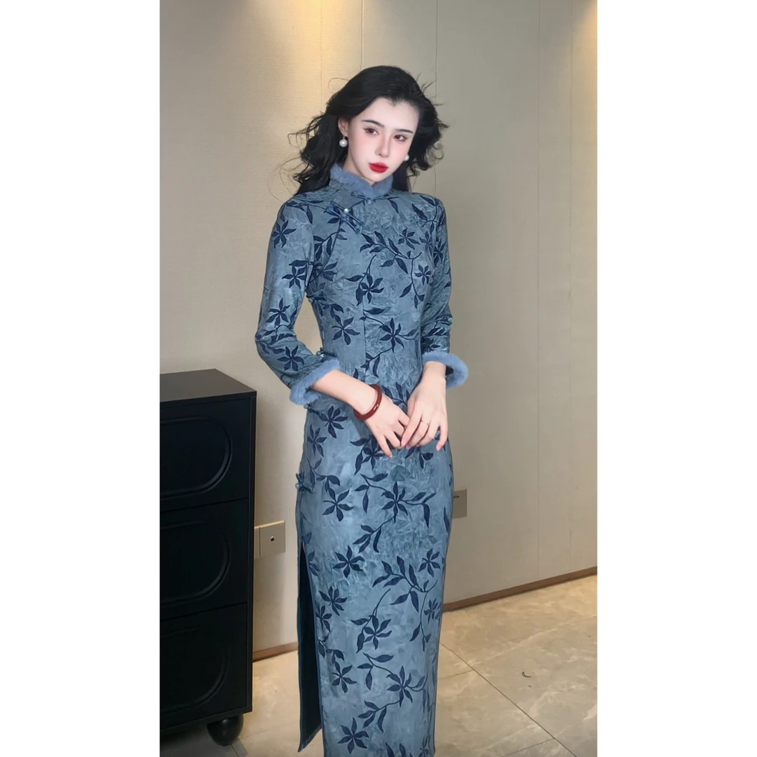 【青丝】玉簪记冬季新款加厚加绒优雅气质显瘦旗袍连衣裙123cm