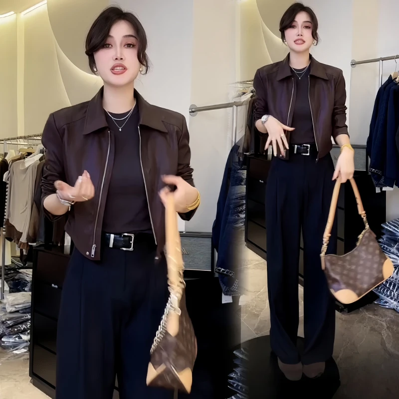 2025年春秋新款洋气减龄小众皮衣女时尚百搭宽松显瘦拉链翻领上衣