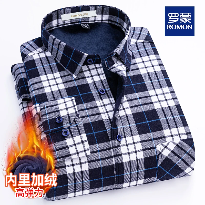 罗蒙男士100%纯棉经典款格子保暖长袖衬衫中年休闲加绒加厚款衬衣
