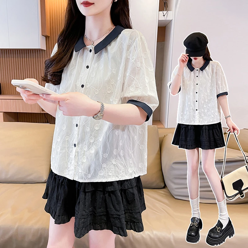 拼接刺绣衬衫女2025夏季新款设计感减龄洋气显瘦衬衣小衫上衣