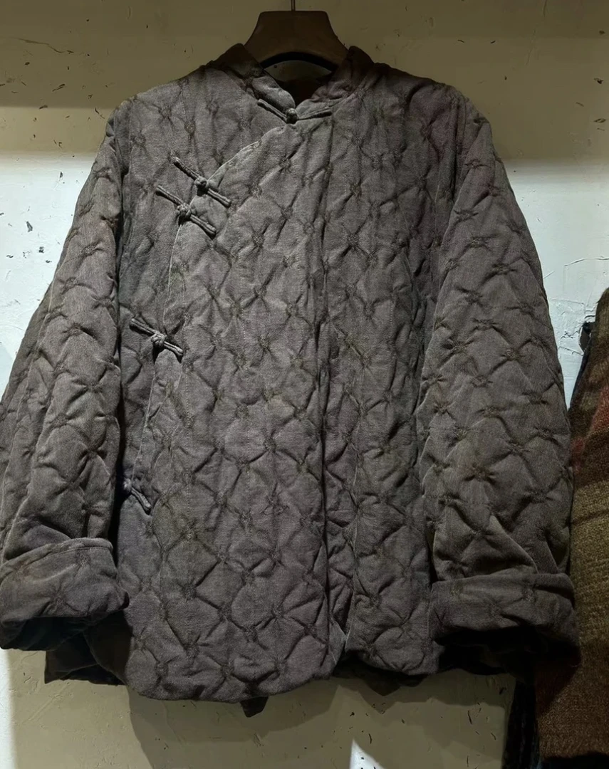 甄选棉麻原创亚麻宽松斜襟盘扣棉衣