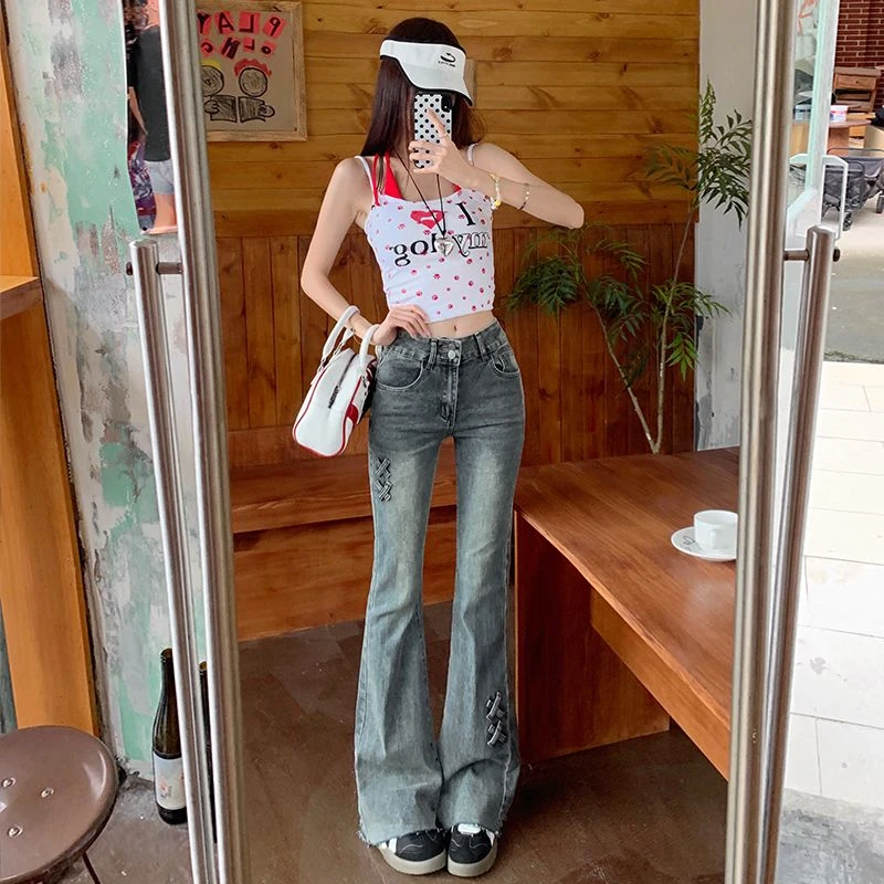 复古蝴蝶结微喇牛仔裤女2025年夏季新款高腰显瘦弹力马蹄裤子