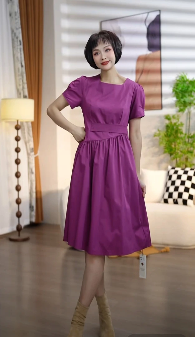 L237夏季休闲时尚短袖U领拼接腰带小褶皱裙摆连衣裙DM7