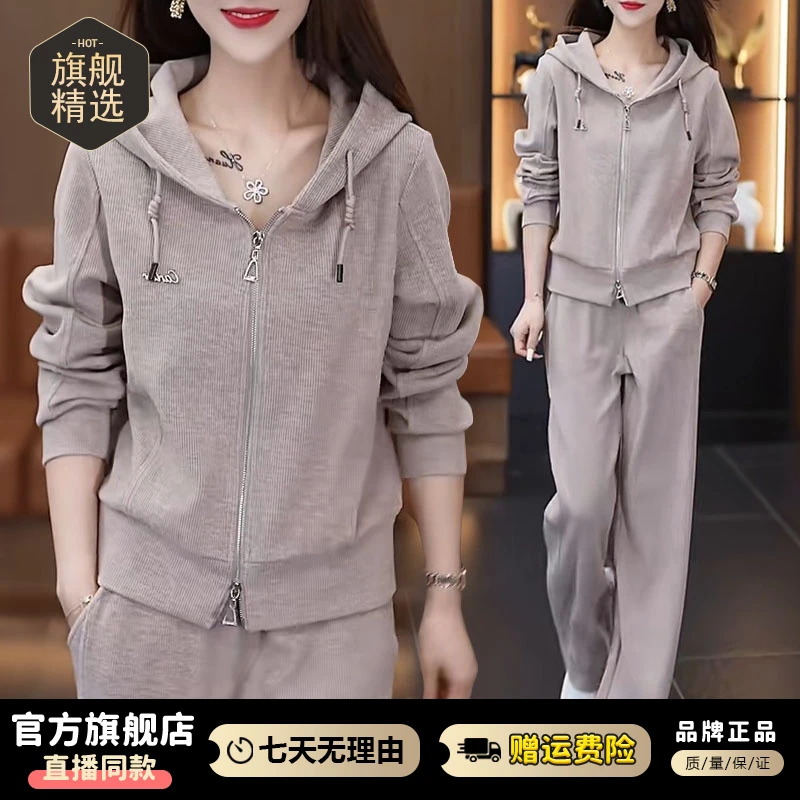 时尚休闲运动服套装女2025年春秋季新款洋气连帽卫衣阔腿裤两件套