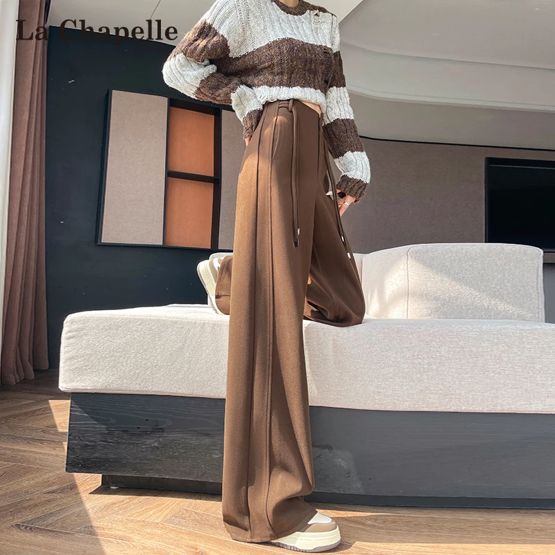 拉夏贝尔咖色毛呢阔腿裤女秋冬加绒2025新款小个子高腰窄版直筒裤