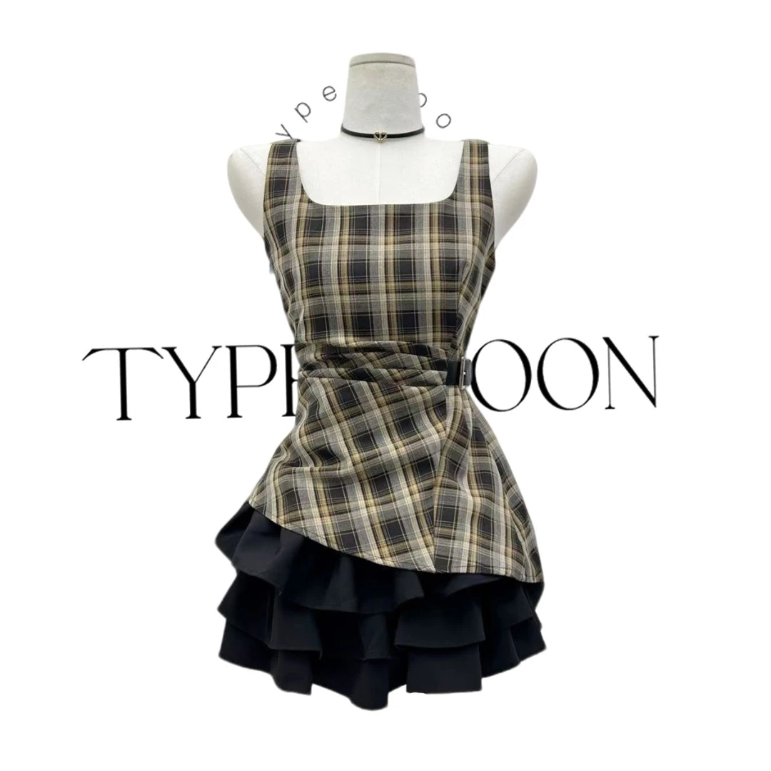 夏季新款法式复古百搭皮扣收腰方领格纹无袖背心女装